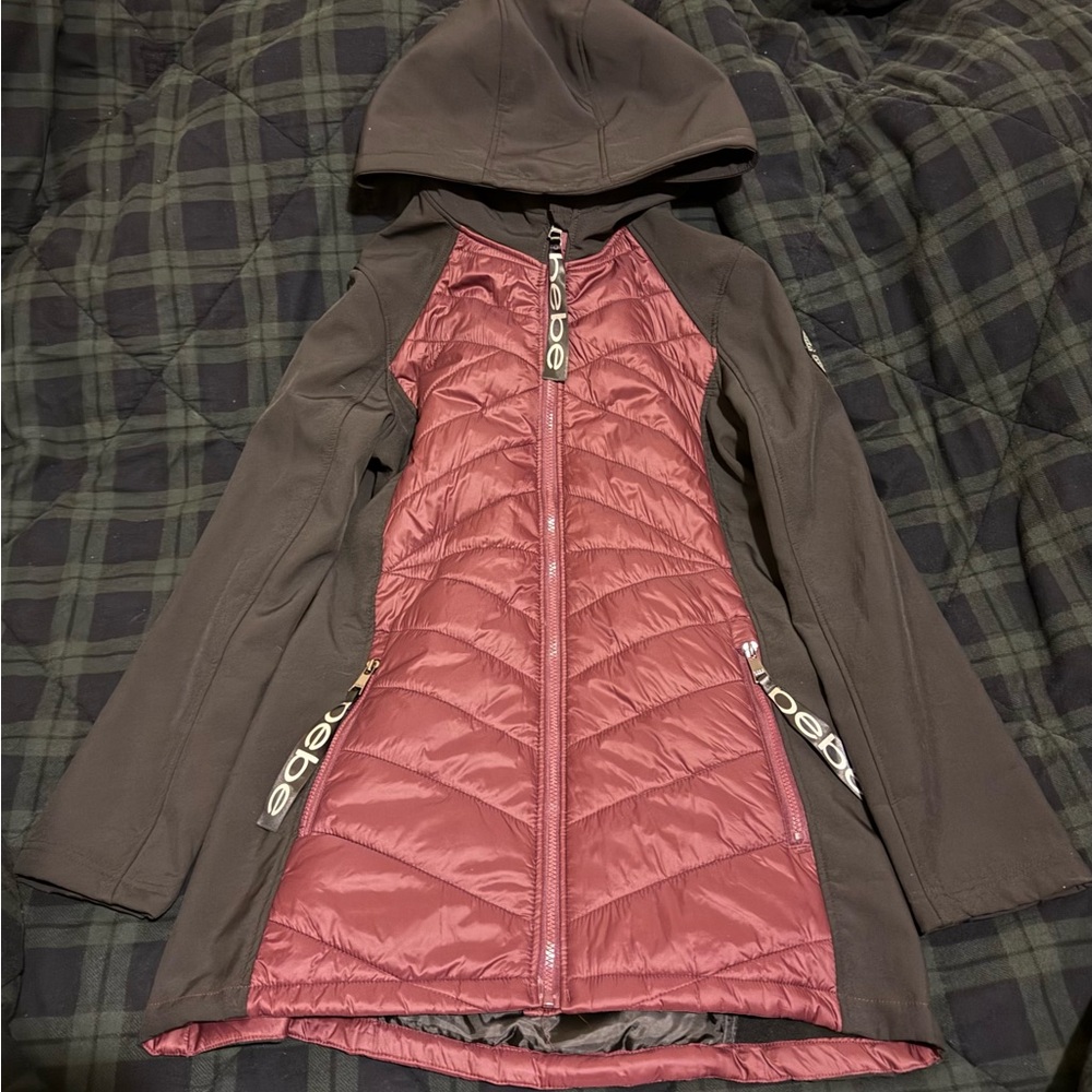 Bebe Sport Women’s Puffer Hooded Jacket Black/Cranberry-Size XL EUC